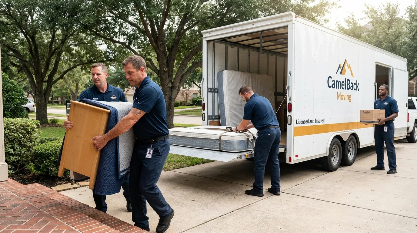 Crew loading residential truck for cross-state move from Dalhart, TX