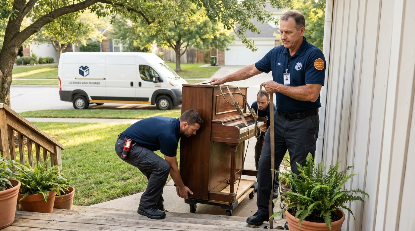 Licensed piano movers securing grand piano in Dalhart, TX