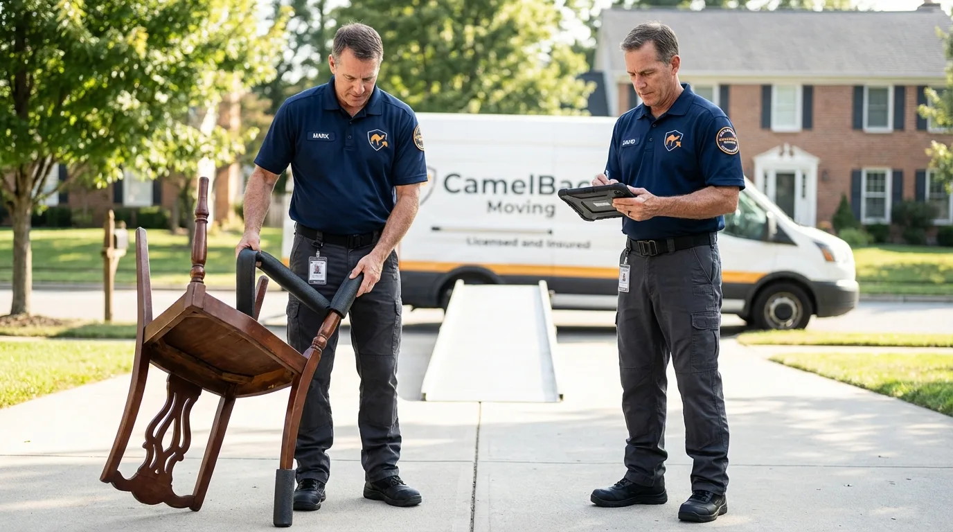 Movers inspecting furniture for damage prevention before loading in Dalhart, TX