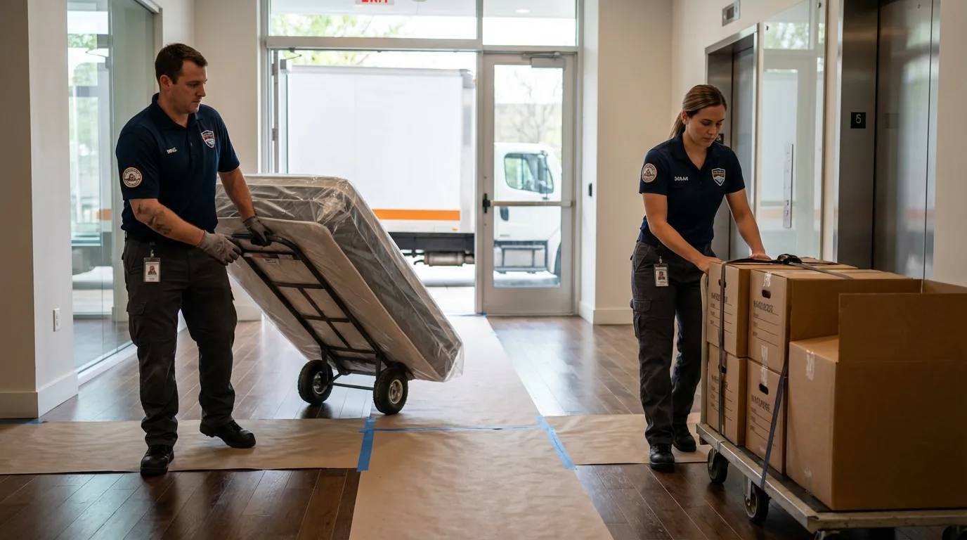 Professional apartment movers loading elevator in Dalhart, TX